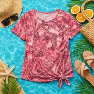 Terra & Sky Pink Paisley Tie-Hem Top 2X (20W-22W) Short Sleeve Tunic Blouse